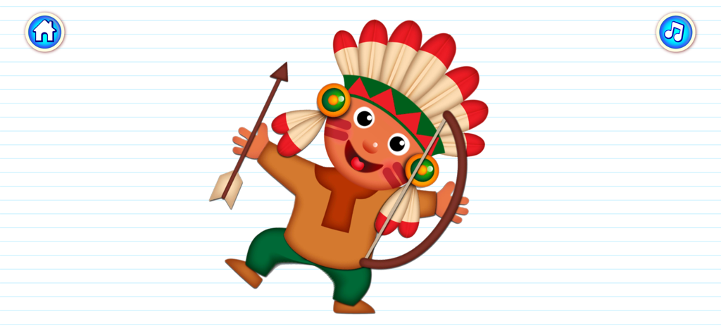 ABC Kids Games: Learn Letters! - Un personaje de dibujos animados alegre con un tocado de plumas sosteniendo un arco y una flecha