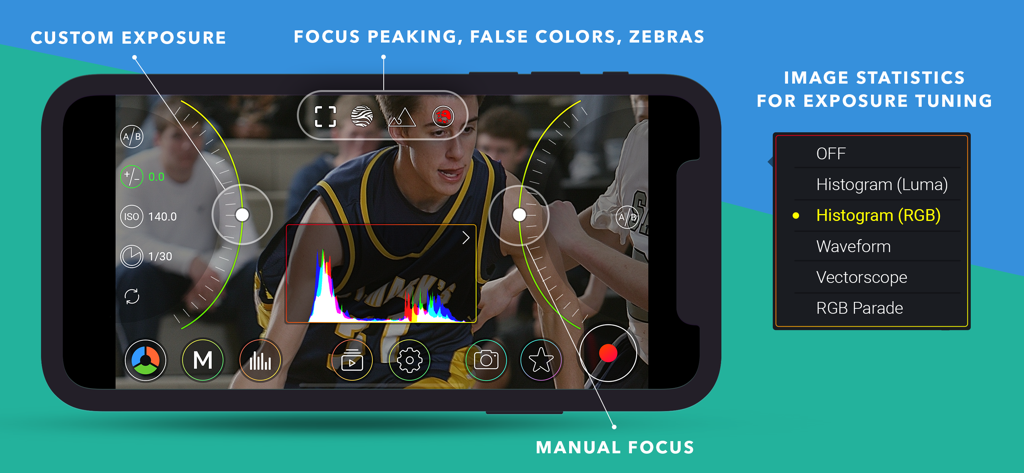 MoviePro app interface for professional video recording with manual exposure focus controls and real-time RGB histogram statistics
