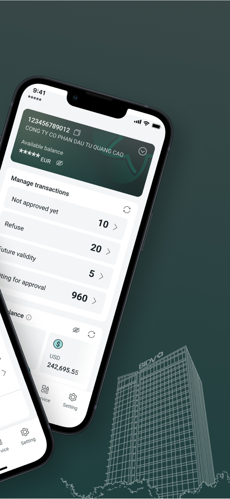 iPhone exibindo o painel de gerenciamento de transações do aplicativo de banco comercial BIDV Direct e saldo da conta
