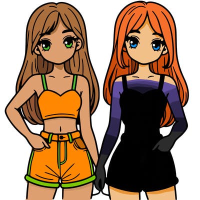 two sisters with crop tops and jean shorts and straight hair