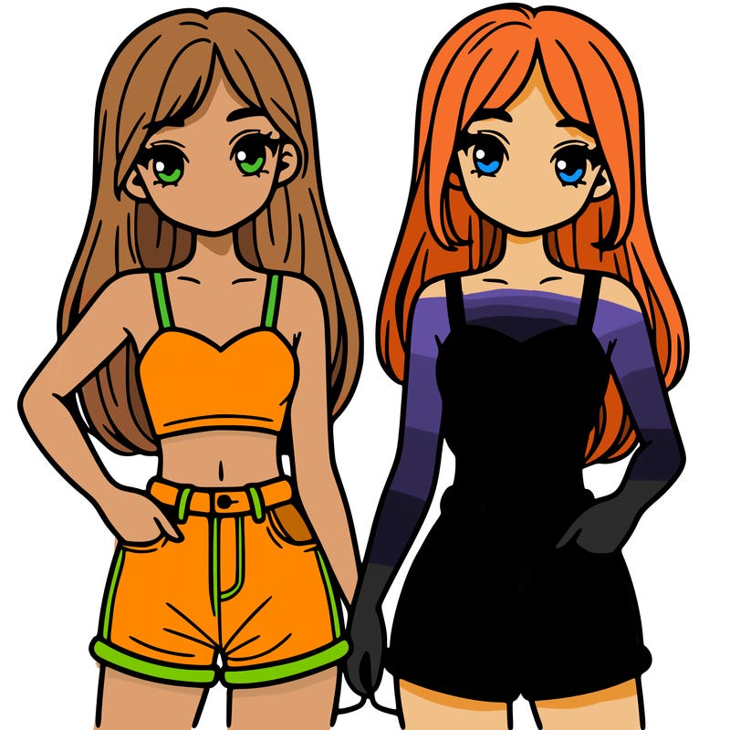 two sisters with crop tops and jean shorts and straight hair