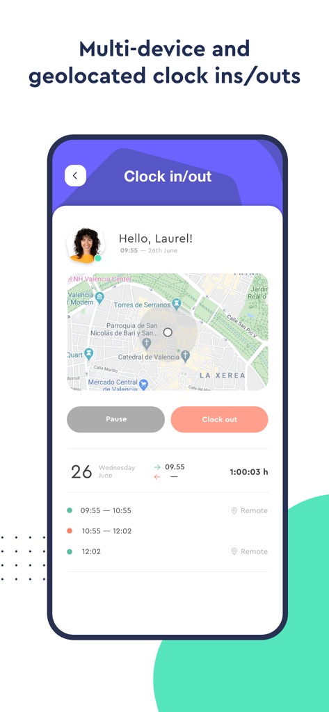 Sesame HR mobile app interface for geolocated clock in and out with time tracking dashboard.