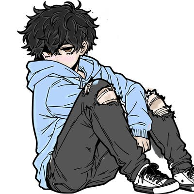 a male hoddie ripped jeans messy hair anime