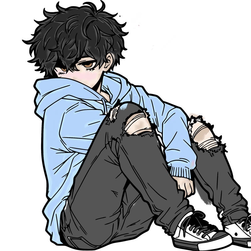 a male hoddie ripped jeans messy hair anime