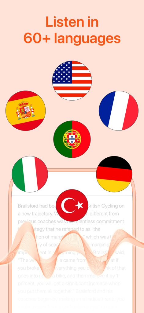Listen AI app interface showing support for over 60 languages with various national flag icons