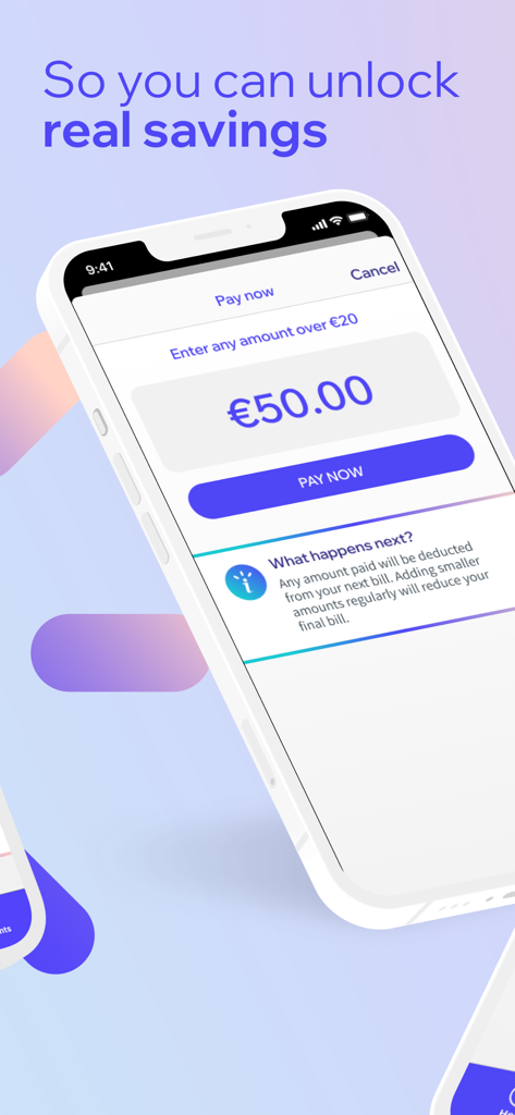 Yuno Energy - Mobile interface of Yuno Energy app showing a fifty euro electricity bill payment screen.