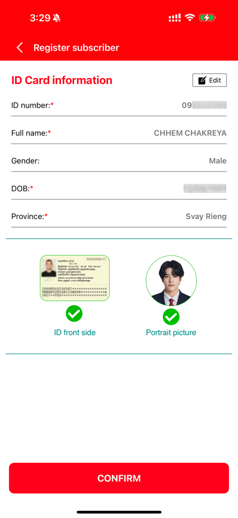Subscriber registration form in the mDealer app showing ID details and photo uploads.