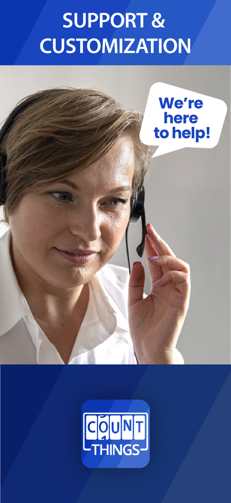 CountThings from Photos - ヘッドセットを装着したプロフェッショナルサポート担当者が、CountThingsアプリのカスタマイズに関するヘルプを提供している。