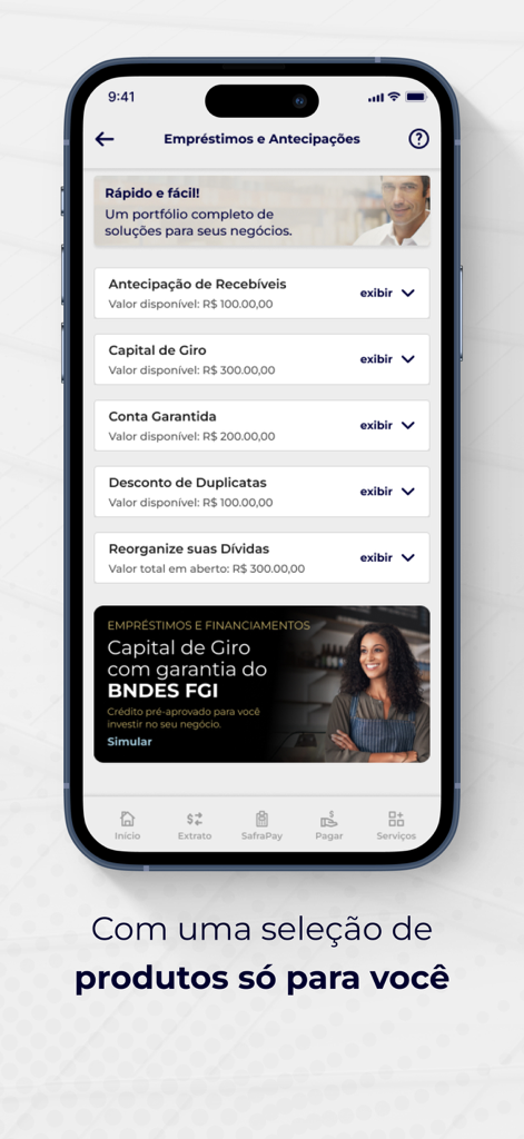 Safra Empresas: A sua conta PJ - Interface do aplicativo móvel Safra Empresas exibindo diversos produtos de crédito e empréstimos para empresas