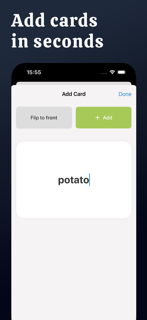 Ebbinghaus - A minimalist interface of the Ebbinghaus app showing the quick flashcard creation screen with a text input field.