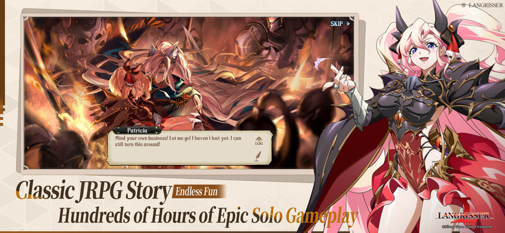 Langrisser mobile game screenshot showcasing classic JRPG story and character dialogue