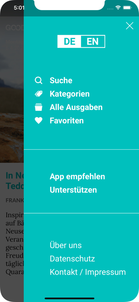 Good News App - The side navigation menu of the Good News App showing search and categories