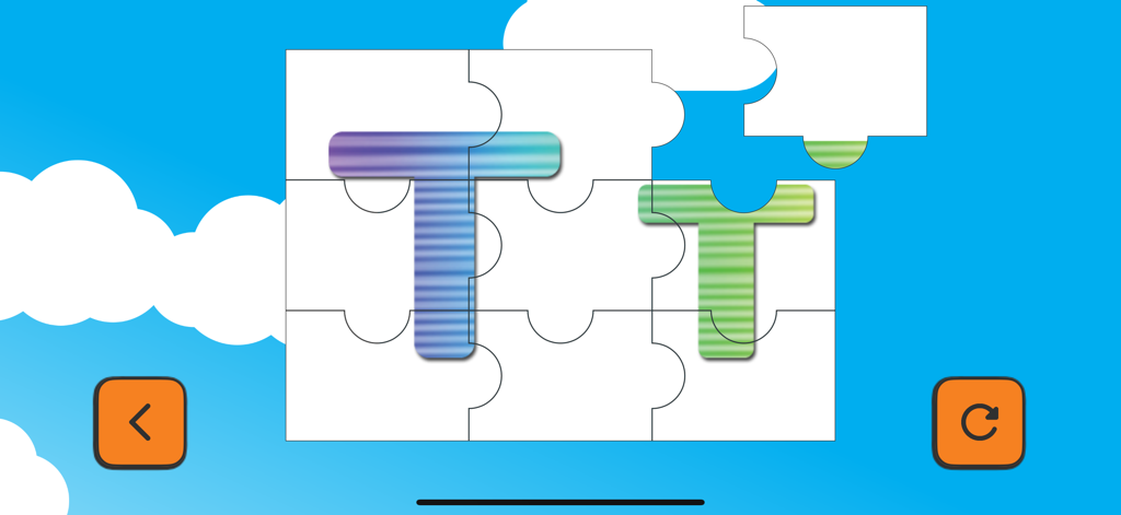 ABC for kids (RU) - A jigsaw puzzle game in the Russian alphabet app showing the letter T on a cloudy sky background