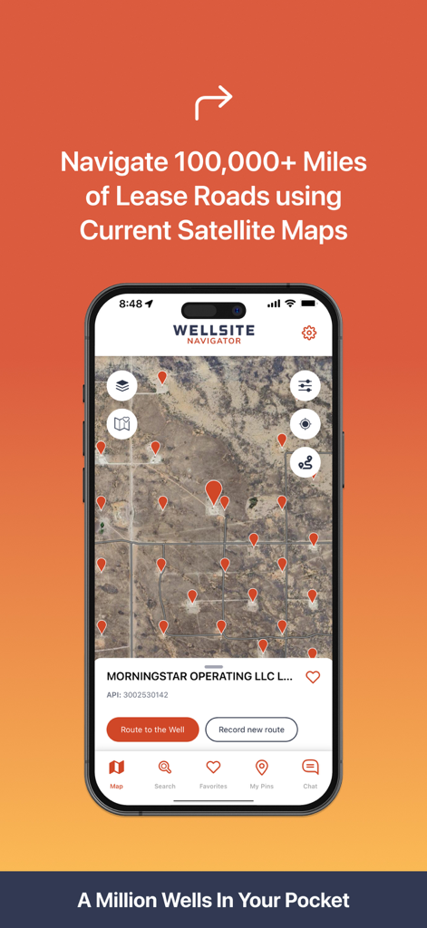 Wellsite Navigator mobile app interface showing oil well locations and satellite mapping for lease roads