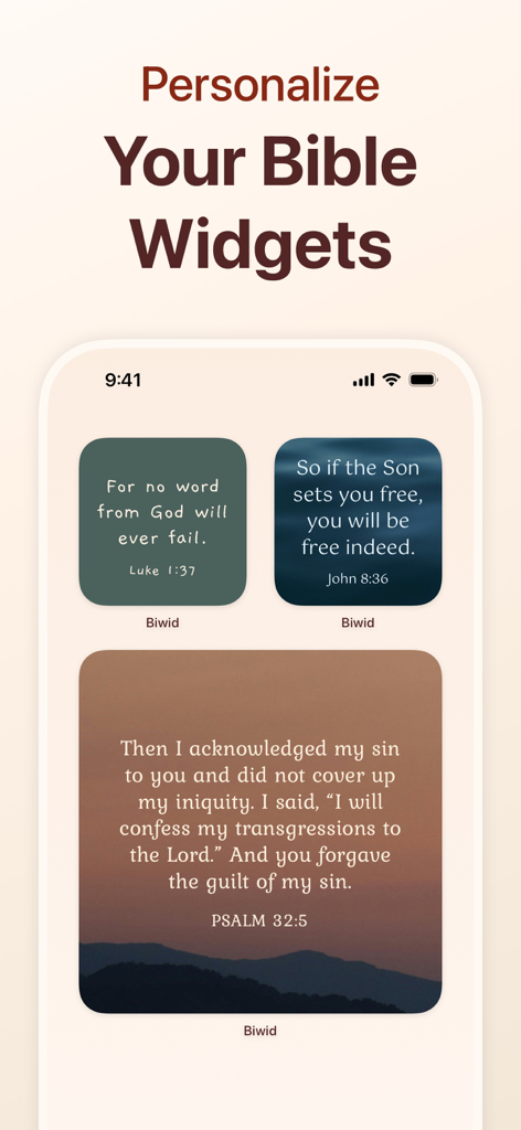 Three aesthetic Bible verse widgets in different sizes and styles on a mobile home screen