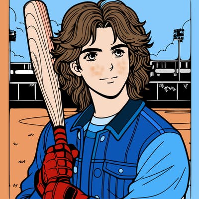 teenage realistic guy with long ish hair on a baseball field holding a baseball bat