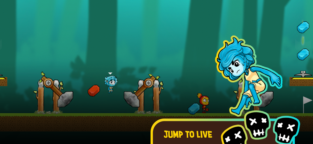 Fire and Water: Online Co-op - Personaje chica de agua saltando sobre obstáculos en un nivel de bosque del juego Fire and Water Online Co-op