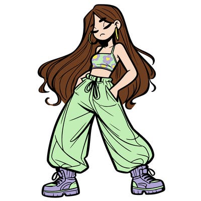 girl in baggy pants crop top and long hair