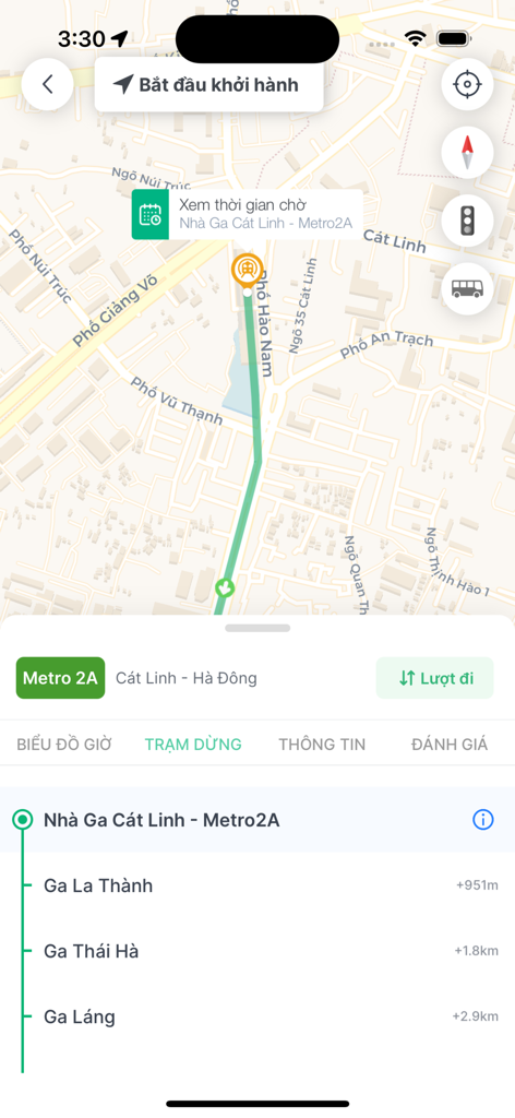 BusMap Hanoi app interface showing the Metro 2A route and station list on a map