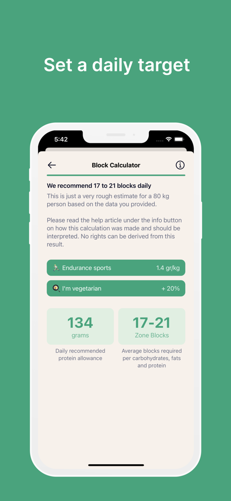 Zone Meal Planner - Pantalla de la calculadora de bloques de Zone Meal Planner mostrando los objetivos diarios de proteínas y bloques.