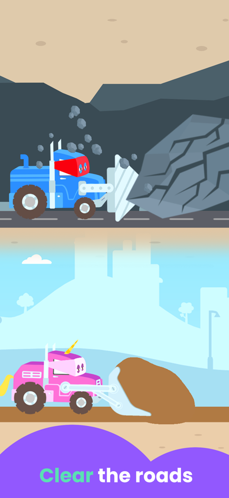Truck Games: for Kids - Blue bulldozer and pink unicorn truck clearing obstacles from a road in a construction game for children