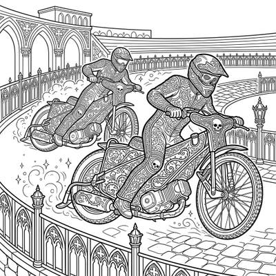 Experience the unexpected fusion of high-speed racing and dark elegance with our Gothic Speedway Racers coloring page. This unique design offers a thrilling and artistically rich challenge for enthusiasts of intricate artwork.