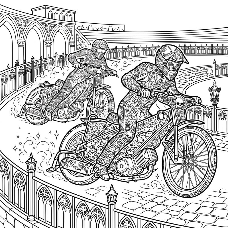 Experience the unexpected fusion of high-speed racing and dark elegance with our Gothic Speedway Racers coloring page. This unique design offers a thrilling and artistically rich challenge for enthusiasts of intricate artwork.