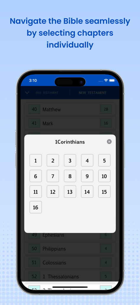 Amplified Bible Pro (AMP) - Amplified Bible Pro app interface for selecting chapters in the book of First Corinthians