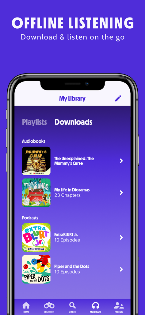 Pinna: Audio stories for kids - Pinna app interface showing the library section with downloaded kids audiobooks and podcasts for offline listening