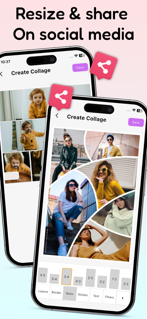 Eine Oberfläche der mobilen App zum Erstellen von Fotocollagen mit verschiedenen Seitenverhältnissen für die gemeinsame Nutzung in sozialen Medien.