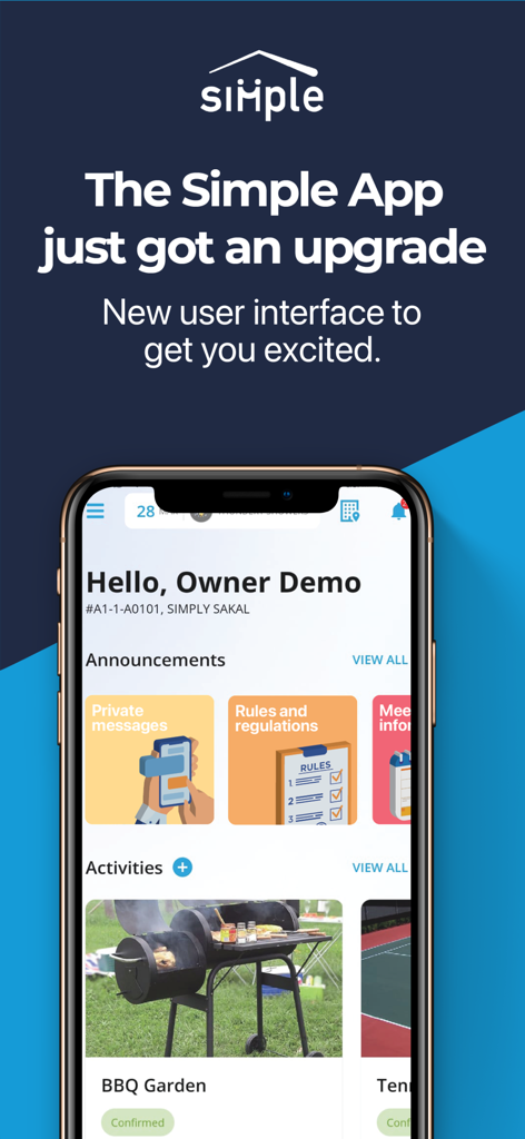 The Simple App - Mobile interface of The Simple App showing the resident dashboard with condo announcements and facility booking features