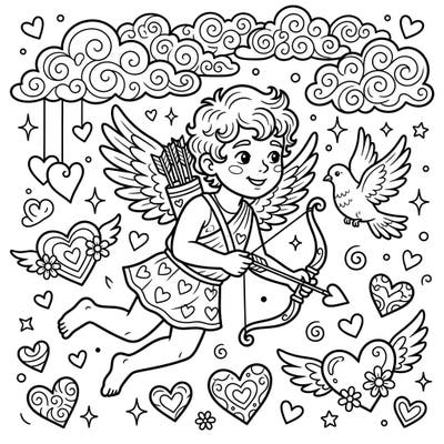Dive into a world of romance and fantasy with this captivating coloring page featuring Cupid and a gentle dove. Designed with intricate details and a trendy aesthetic, it's perfect for teens seeking a creative escape.
