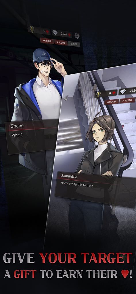 Havenless- Thriller Otome Game - Gameplay screens of characters Shane and Samantha in Havenless showing the gift giving interaction