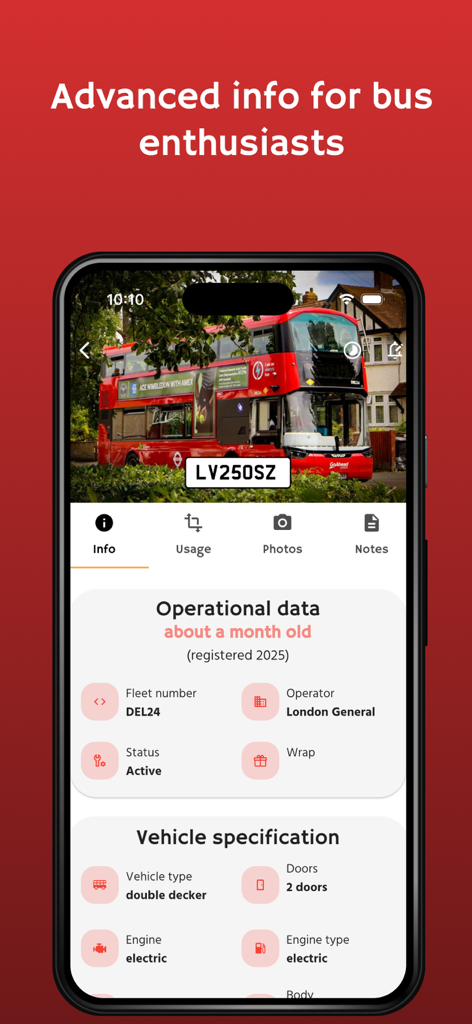London Bus Pal - Schermata dell'app London Bus Pal che mostra dati operativi dettagliati e specifiche del veicolo per un autobus a due piani rosso