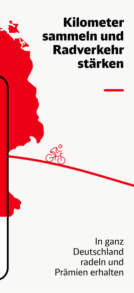DB Rad+ Prämien für Kilometer - Un icono de ciclista en un mapa rojo de Alemania promocionando la aplicación DB Rad plus para ganar recompensas mientras se pedalea