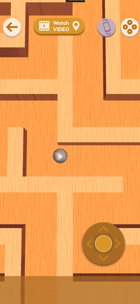 Classic Labyrinth – Maze Games - A silver ball navigating through a 3D wooden maze with virtual joystick controls in the Classic Labyrinth game