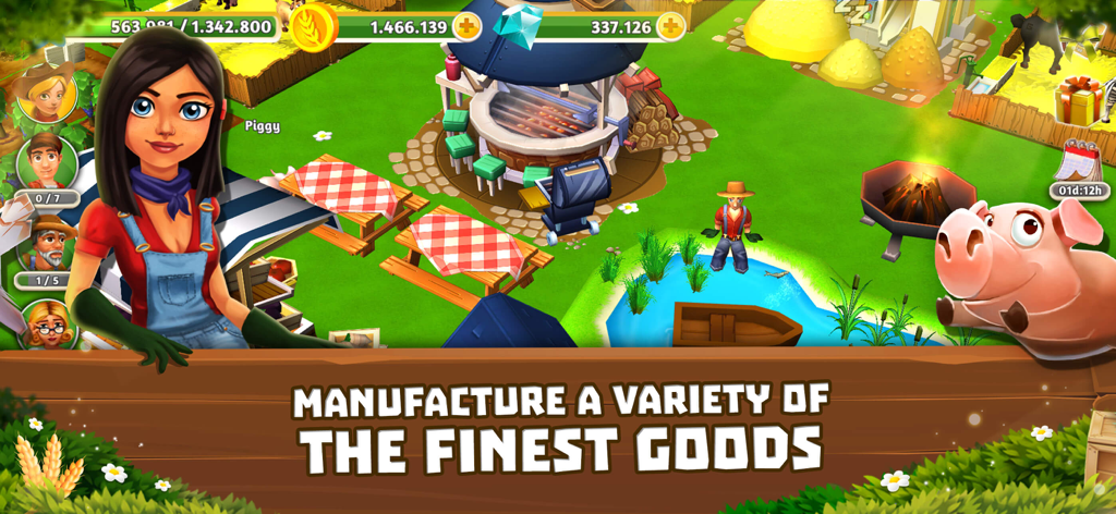 Escena de granja 3D en MyFreeFarm2 con un personaje, área de picnic y un cerdo sonriente bajo el texto elabora una variedad de los mejores productos.