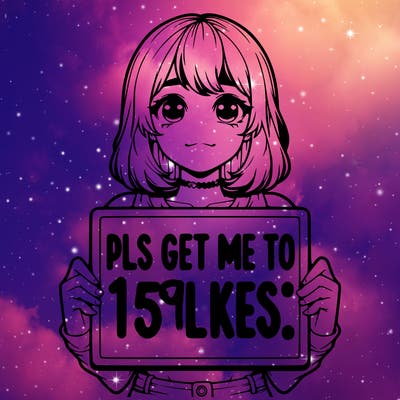 realistic girl holding up a sign that says “pls get me to 15 likes!”