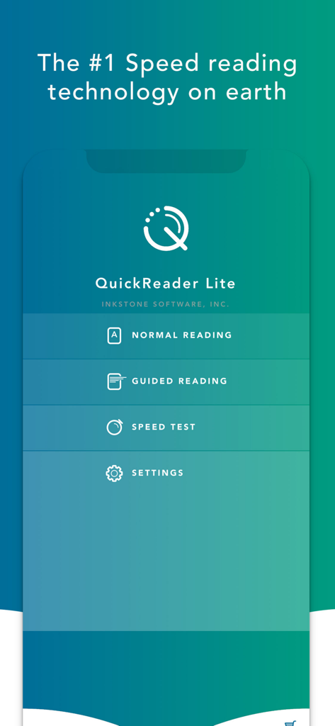 Menú principal de la aplicación QuickReader Lite mostrando opciones para lectura normal, lectura guiada y pruebas de velocidad