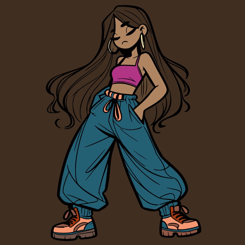 girl in baggy pants crop top and long hair