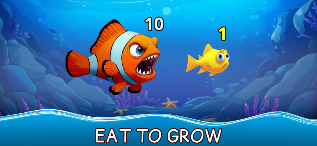 Hungry Ocean: Eat Fish & Grow - Un pez payaso grande persiguiendo a un pez más pequeño en una escena de juego submarino con el texto 'Come para Crecer'.