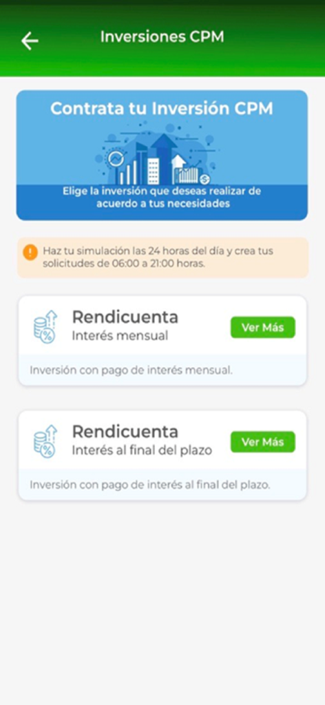 Captura de pantalla de la app CPM Movil Plus mostrando varias opciones de inversión para cuentas Rendicuenta