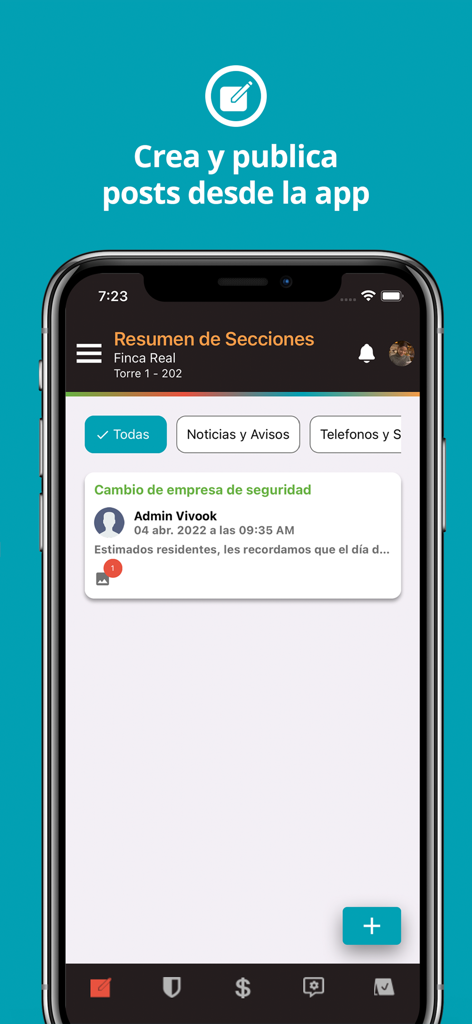 Vivook app interface for creating and viewing residential community posts