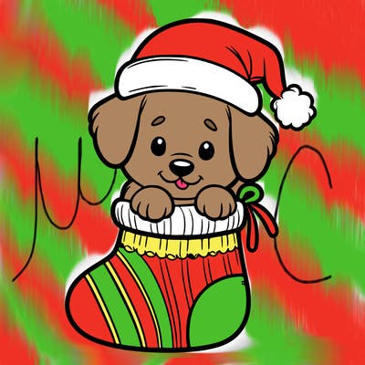 cute puppy wearing santa hat in socking