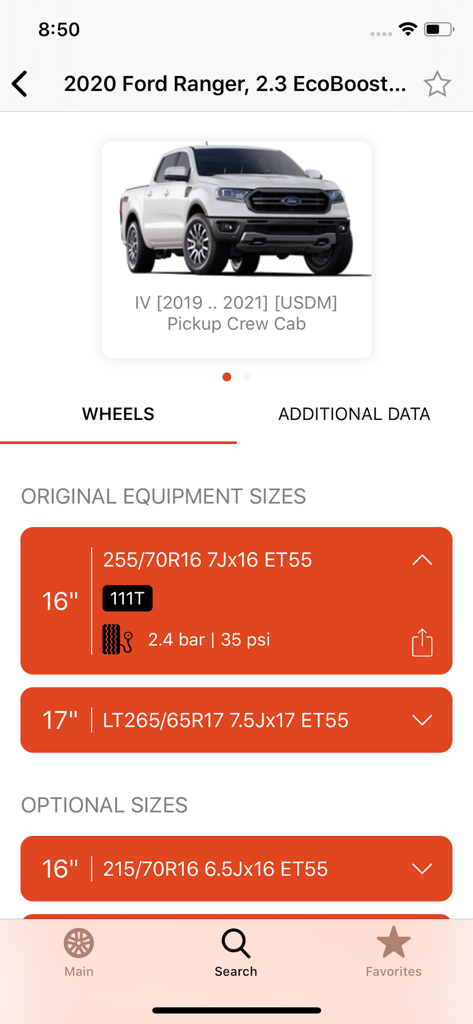 Wheel Size app showing original equipment tire and rim sizes for a 2020 Ford Ranger