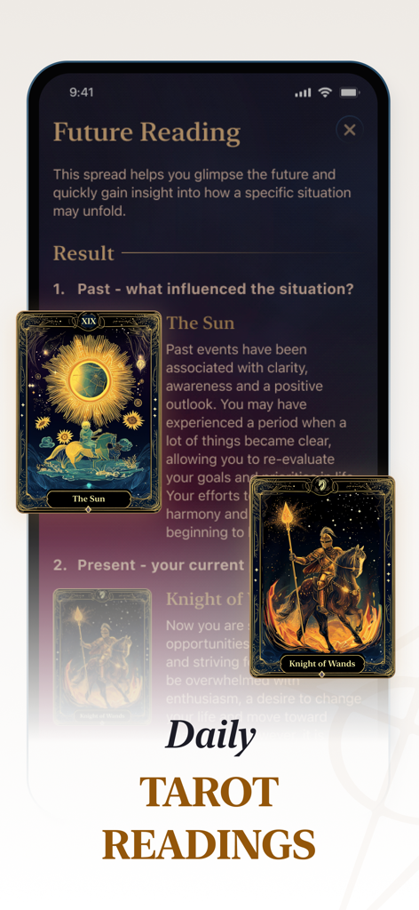 Fortune Teller - Metacharms - Interfaz de la aplicación Metacharms mostrando lecturas diarias de tarot con cartas digitales