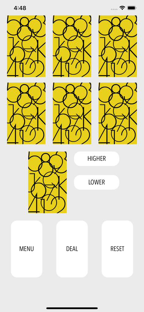 Ride The Bus - Card Game - Ride The Bus card game app screen with higher and lower betting buttons