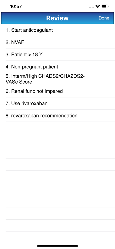 Anticoagulation Manager - Anticoagulation Manager review screen displaying a list of clinical criteria and a rivaroxaban medication recommendation