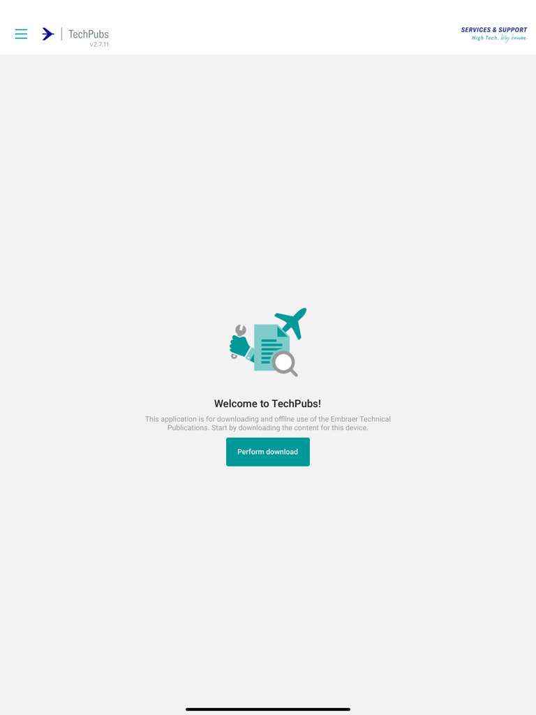 TechPubs Embraer - TechPubs Embraer app welcome screen with a download button for technical publications