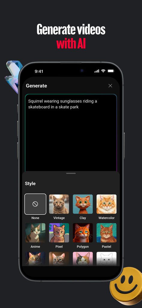Un écran mobile montrant l'outil de génération vidéo IA de YouTube Create avec une invite textuelle et des styles artistiques sélectionnables comme Anime et Pixel